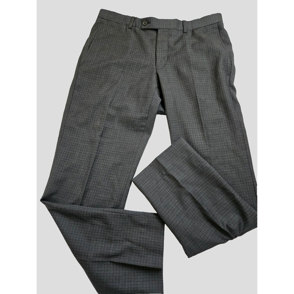 Ted Baker London 33R Gray Plaid Zip Seat Pocket Flat Front Dress Pants EUC - Picture 1 of 14